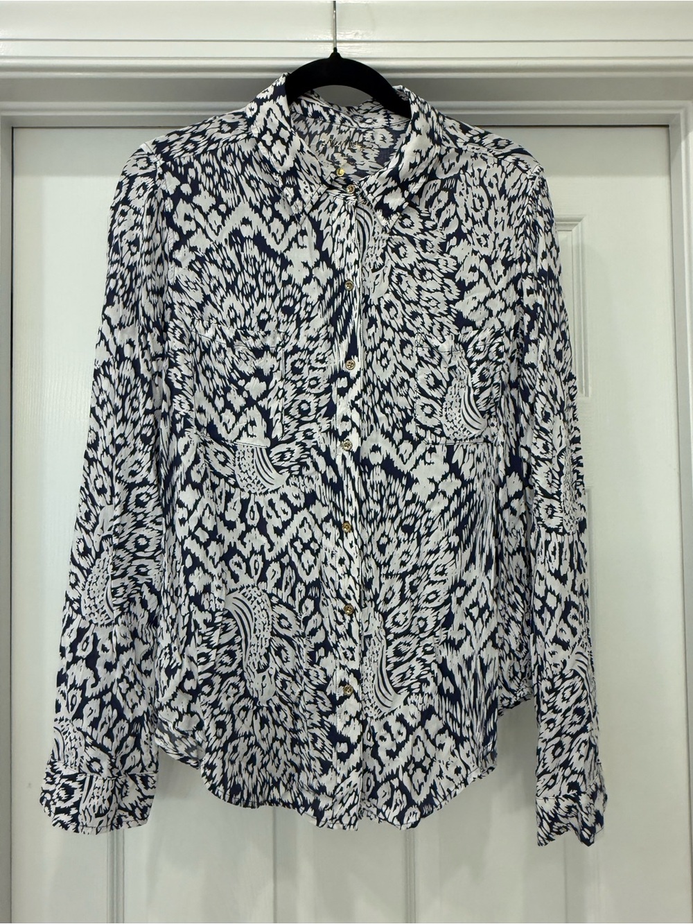 Lilly Pulitzer Navy and White Printed Button-Up Blouse